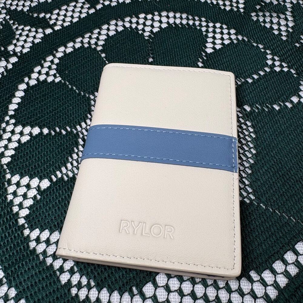 New RYLOR Stripe Bifold Oiled Leather Wallet White/Blue Fathers Day Wedding Gift